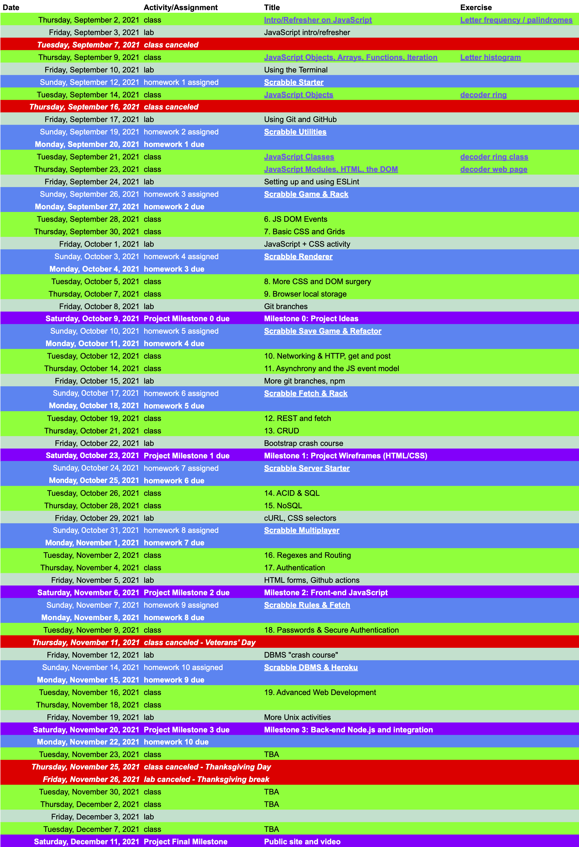 Web Programming schedule Calendar